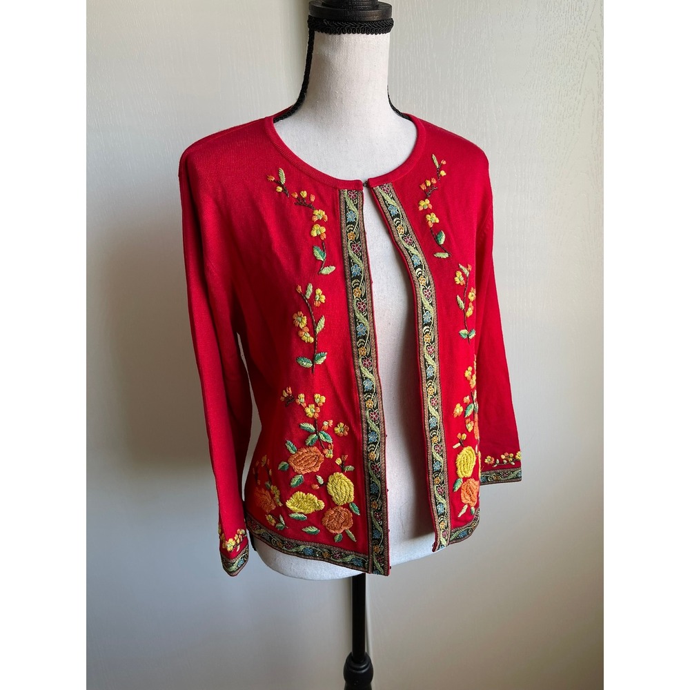 Vintage Ballinger Gold Cardigan Womens L Red Floral Embroidered Boho 90s Jacket